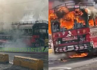 Bus incendiado en Escuintla. Foto La Hora: Lo que ve un Escuintleco FB y CRN Noticias
