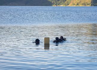 Hombres rana realizando búsqueda de vehículo que cayó en la Laguna de Ayarza. Foto La Hora: Bomberos Voluntarios