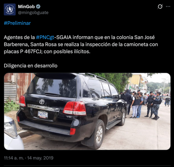 Publicación del Ministerio de Gobernación sobre la camioneta que hoy usa Consuelo Porras. Foto La Hora.