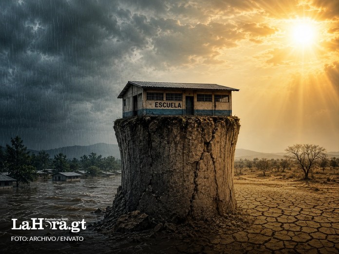 Imagen de una escuela sobre un pilar. Por un lado, está rodeada de inundaciones, y del otro de un terreno árido y caluroso.