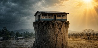 Entre olas de calor y tormentas: la educación queda expuesta ante cambio climático Imagen de una escuela sobre un pilar. Por un lado, está rodeada de inundaciones, y del otro de un terreno árido y caluroso.