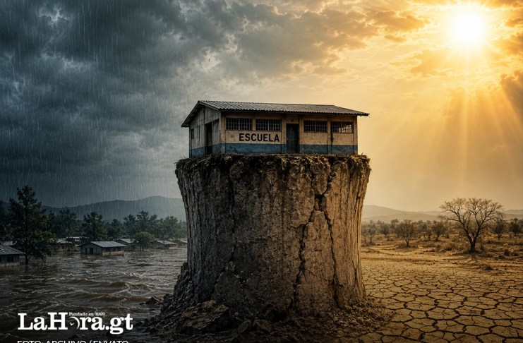 Imagen de una escuela sobre un pilar. Por un lado, está rodeada de inundaciones, y del otro de un terreno árido y caluroso.