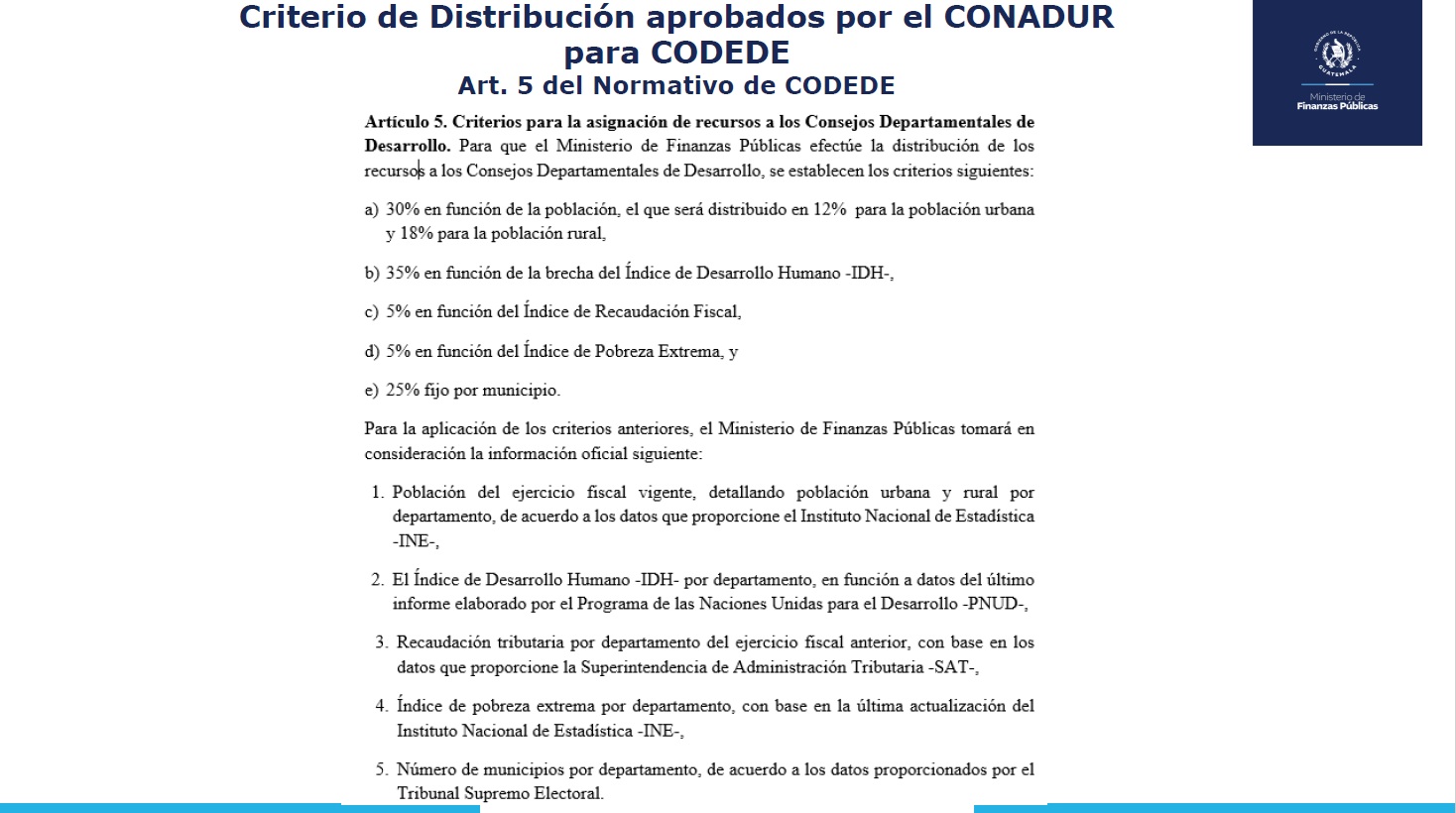 Criterio de distribución aprobados por el Conadur para Codedes. Foto La Hora. Gobierno de Guatemala.