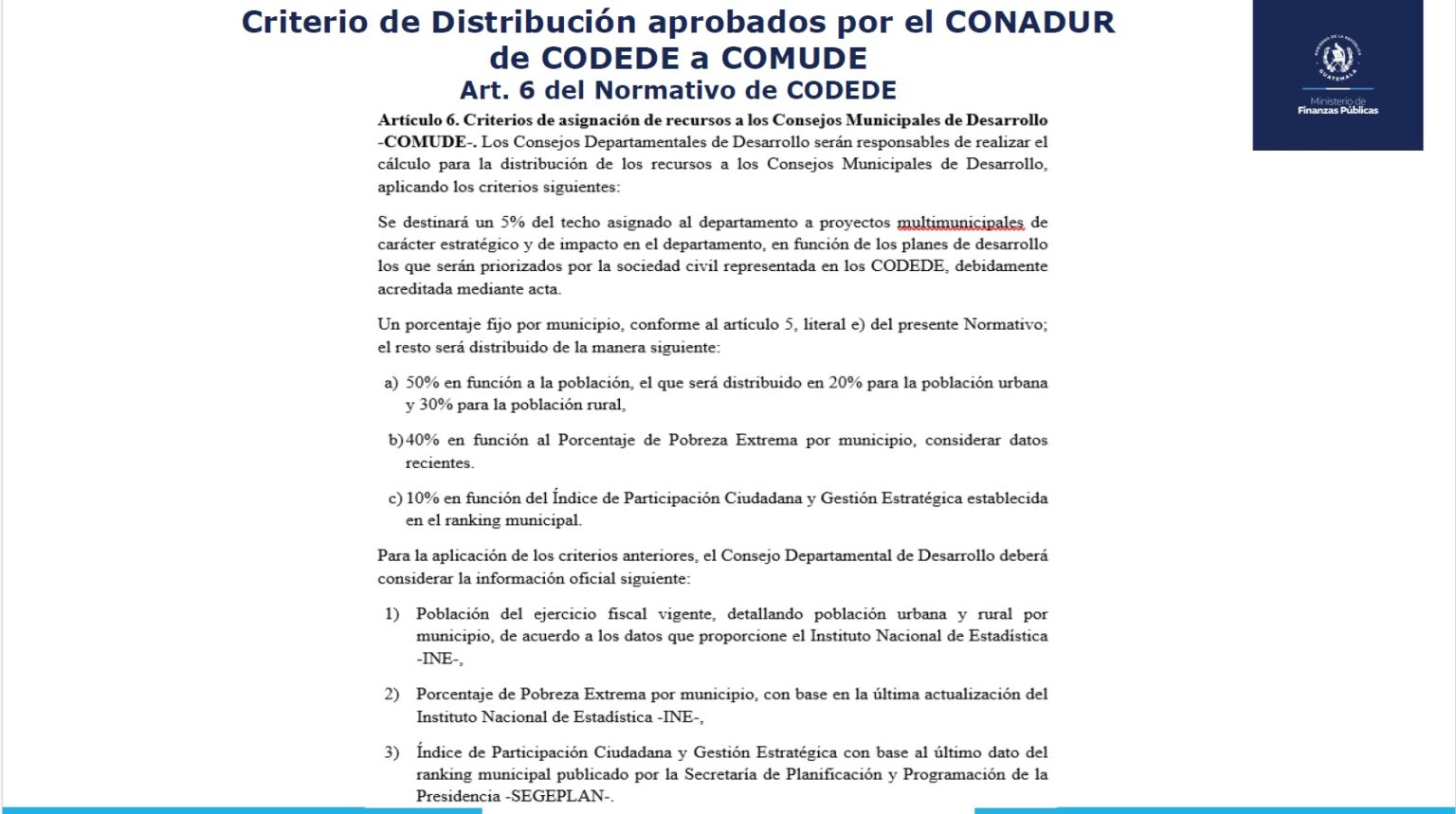 Criterio de distribución aprobados por el Conadur de Codedes a Comude. Foto La Hora. Gobierno de Guatemala.