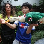 Karla Gómez y su hijo Cristian posan con su pato Merlín se han convertido en el centro de atención en el Mundial 2026. Foto La Hora: EFE