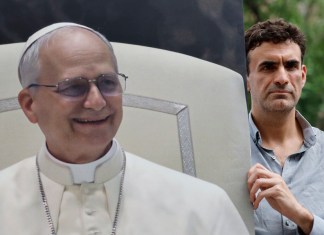 El primer denunciante del caso de abusos de Montserrat y portavoz del movimiento 'Reparación Integral Ya', Miguel Hurtado, durante una protesta en el exterior de la Nunciatura Apostólica, donde el papa León XIV va a mantener un encuentro privado con los miembros de la orden de San Agustín, este domingo en Madrid. EFE/ Mariscal