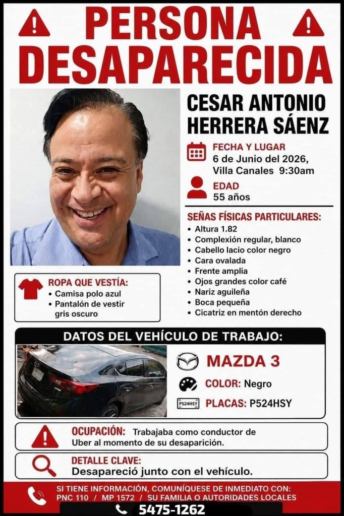 Alerta de desaparición de César Antonio Herrera Sáenz. Foto La Hora: RR.SS.