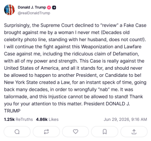 Mensaje de Donald Trump, en donde descalifica a la Corte Suprema de Estados Unidos, luego de que no revisaran la denuncia de abuso sexual interpuesta por E. Jean Carroll en su contra.