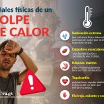 Un hombre frotándose la frente para quitarse el sudor, mientras que a su derecha, están las señales físicas de un golpe calor