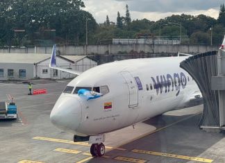 La aerolínea colombiana Wingo aterrizó esta mañana en su vuelo inaugural entre la ciudad de Medellín y Guatemala. Foto La Hora: Cortesía Wingo