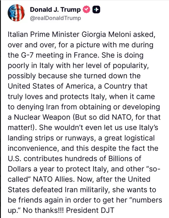 Este mensaje del presidente Trump desató la molestia de Meloni.
