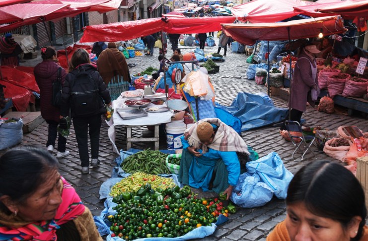 Personas recorriendo un mercado popular de alimentos en La Paz (Bolivia). Foto La Hora: EFE