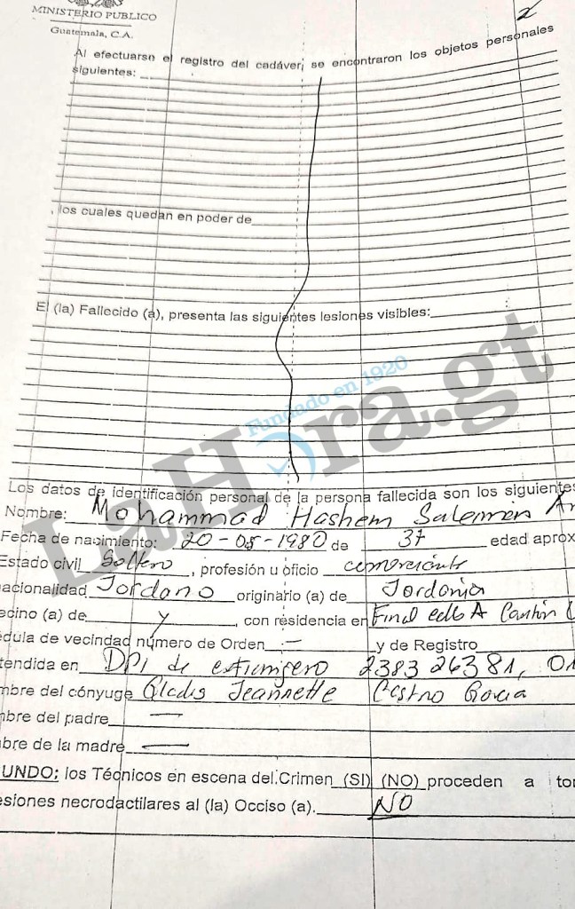 Acta elaborada por la fiscal Ingrid Jeanette García, en el que señala que no evaluó el cuerpo y no encontró indicios de violencia. Foto La Hora: Cortesía