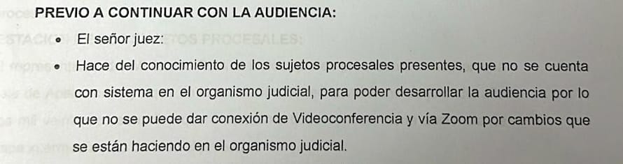 Fragmento de acta en el que se evidencia la falta de sistema para llevar acabo audiencia: Foto La Hora: Cortesía