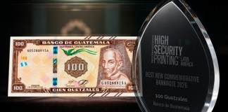 El billete conmemorativo de Q100 del Banco de Guatemala fue reconocido como el Mejor Nuevo Billete Conmemorativo de 2026.
