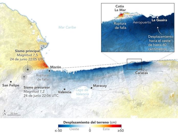 Imagen cedida por el Observatorio de la Tierra de la NASA de un mapa elaborado a partir de datos del Radar de Apertura Sintética de NASA-ISRO (NISAR) que muestra el desplazamiento de la superficie terrestre en Caracas y La Guaira tras los terremotos que sacudieron Venezuela. Foto La Hora: EFE