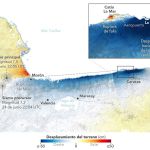 Imagen cedida por el Observatorio de la Tierra de la NASA de un mapa elaborado a partir de datos del Radar de Apertura Sintética de NASA-ISRO (NISAR) que muestra el desplazamiento de la superficie terrestre en Caracas y La Guaira tras los terremotos que sacudieron Venezuela. Foto La Hora: EFE