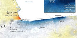 Imagen cedida por el Observatorio de la Tierra de la NASA de un mapa elaborado a partir de datos del Radar de Apertura Sintética de NASA-ISRO (NISAR) que muestra el desplazamiento de la superficie terrestre en Caracas y La Guaira tras los terremotos que sacudieron Venezuela. Foto La Hora: EFE