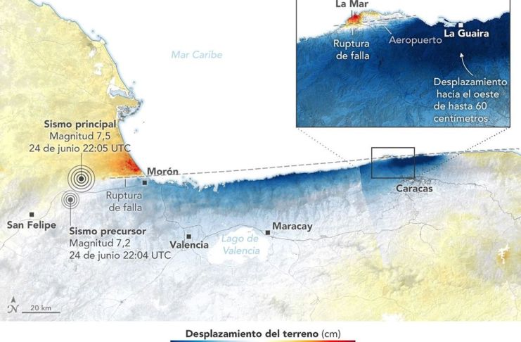 NASA: una falla desplazó hasta 60 centímetros superficie tras los terremotos en Venezuela Imagen cedida por el Observatorio de la Tierra de la NASA de un mapa elaborado a partir de datos del Radar de Apertura Sintética de NASA-ISRO (NISAR) que muestra el desplazamiento de la superficie terrestre en Caracas y La Guaira tras los terremotos que sacudieron Venezuela. Foto La Hora: EFE