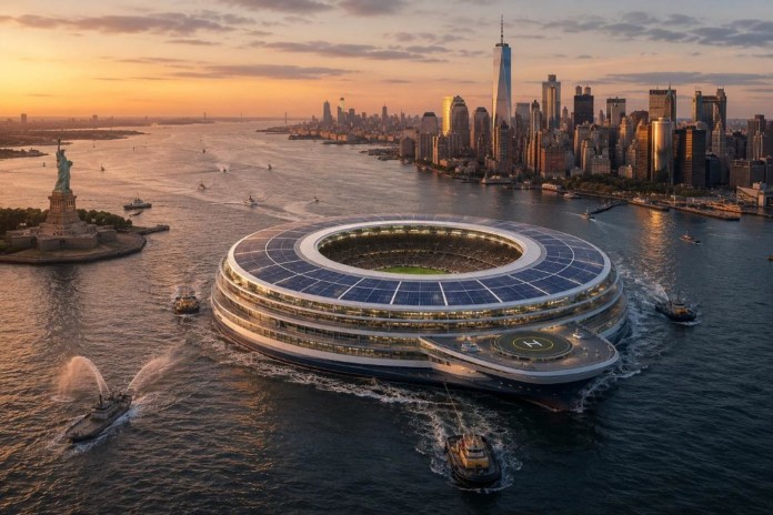 Un estadio flotante, la nueva propuesta de uno de los diseñadores más reconocidos de estadios. Foto: EFE/Cedida por Estudio Mark Fenwick.