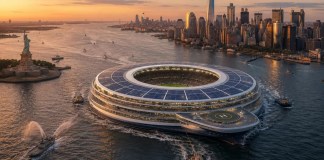 Un estadio flotante, la nueva propuesta de uno de los diseñadores más reconocidos de estadios. Foto: EFE/Cedida por Estudio Mark Fenwick.