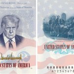 Fotografía divulgada por el Departamento de Estado de Estados Unidos que muestra dos páginas de un pasaporte, en una aparece el rostro del presidente Donald Trump enmarcado por la Declaración de Independencia y la bandera estadounidense. Foto La Hora: EFE