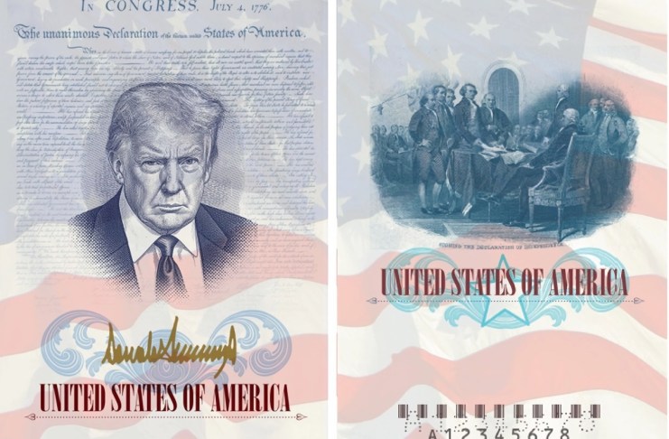 Fotografía divulgada por el Departamento de Estado de Estados Unidos que muestra dos páginas de un pasaporte, en una aparece el rostro del presidente Donald Trump enmarcado por la Declaración de Independencia y la bandera estadounidense. Foto La Hora: EFE