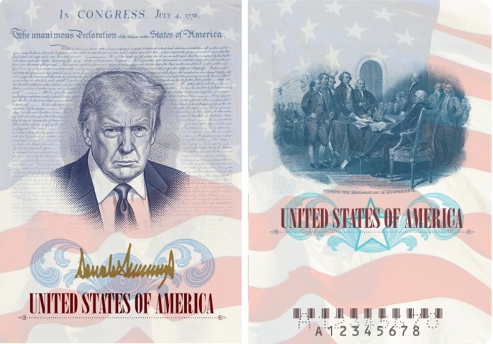 El Gobierno de EE.UU. comenzará a expedir pasaportes con la imagen de Trump el 8 de agosto Fotografía divulgada por el Departamento de Estado de Estados Unidos que muestra dos páginas de un pasaporte, en una aparece el rostro del presidente Donald Trump enmarcado por la Declaración de Independencia y la bandera estadounidense. Foto La Hora: EFE
