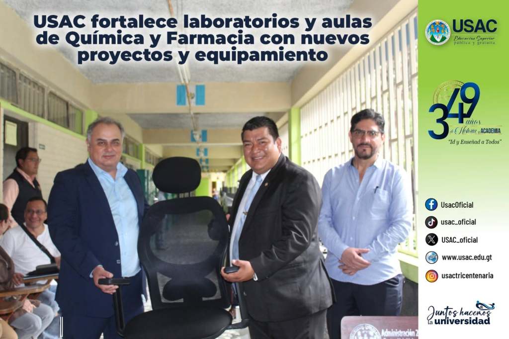 Juan Francisco Pérez Sábino, junto con Luis Pedro Ortiz, jefe de la DIGA y cercano a Mazariegos, en la entrega de mobiliario por parte de la administración central de la Usac. Foto La Hora: Usac