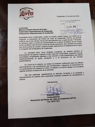 Carta enviada a la Gobernación Departamental por manifestaciones el 24 de julio.