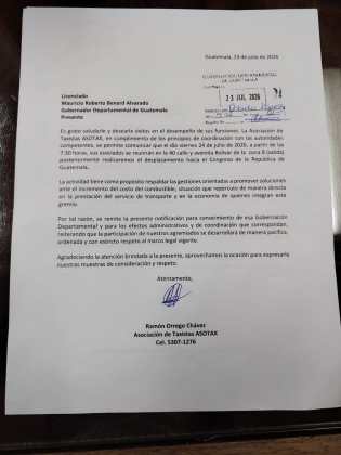 Carta enviada a la Gobernación Departamental por manifestaciones el 24 de julio. Foto La Hora: Gobernación Departamental
