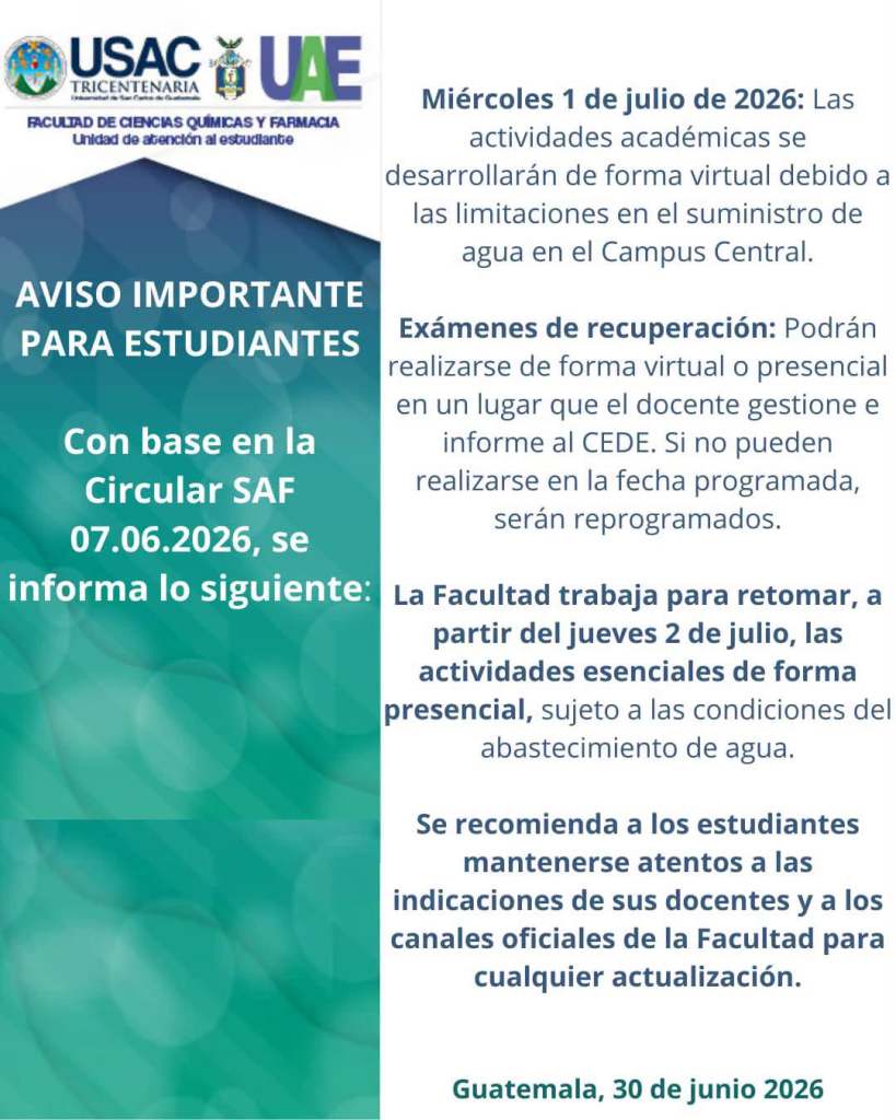Comunicado de la Facultad de Ciencias Químicas y Farmacia.