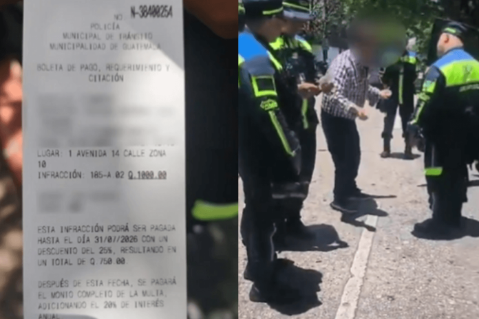 Hombre es descubierto con licencia falsa durante operativo y recibe multa de Q1,000. Foto La Hora: PMT.