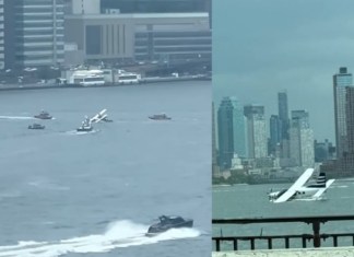 Aterrizaje forzoso de hidroavión en río de Nueva York deja dos heridos leves Aterrizaje forzoso de hidroavión en río de Nueva York deja dos heridos leves. Foto La Hora: RR.SS.