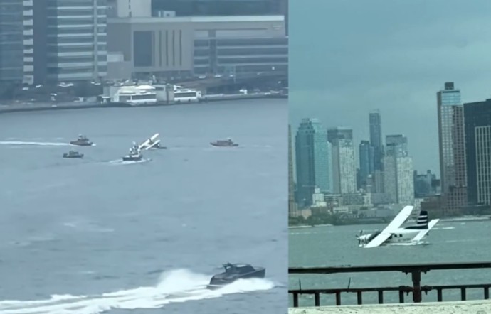 Aterrizaje forzoso de hidroavión en río de Nueva York deja dos heridos leves. Foto La Hora: RR.SS.