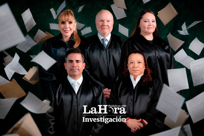 Los magistrados titulares de la Corte de Constitucionalidad Dina Ochoa, Roberto Molina Barreto y Julia Rivera, junto a los magistrados suplentes Luis Fernando Bermejo y Claudia Paniagua. Diseño La Hora: Jesús Ríos.