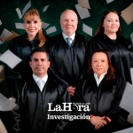 Los magistrados titulares de la Corte de Constitucionalidad Dina Ochoa, Roberto Molina Barreto y Julia Rivera, junto a los magistrados suplentes Luis Fernando Bermejo y Claudia Paniagua. Diseño La Hora: Jesús Ríos.