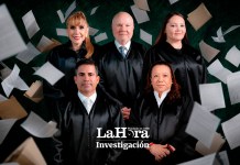 Los magistrados titulares de la Corte de Constitucionalidad Dina Ochoa, Roberto Molina Barreto y Julia Rivera, junto a los magistrados suplentes Luis Fernando Bermejo y Claudia Paniagua. Diseño La Hora: Jesús Ríos.
