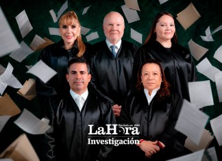Los magistrados titulares de la Corte de Constitucionalidad Dina Ochoa, Roberto Molina Barreto y Julia Rivera, junto a los magistrados suplentes Luis Fernando Bermejo y Claudia Paniagua. Diseño La Hora: Jesús Ríos.