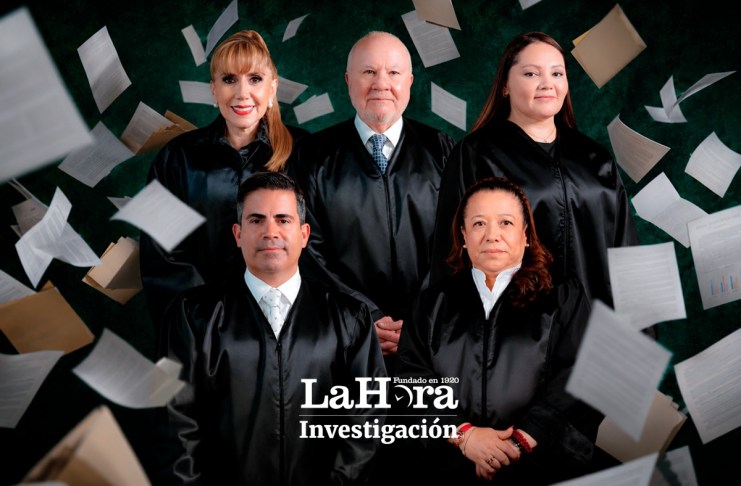 Los magistrados titulares de la Corte de Constitucionalidad Dina Ochoa, Roberto Molina Barreto y Julia Rivera, junto a los magistrados suplentes Luis Fernando Bermejo y Claudia Paniagua. Diseño La Hora: Jesús Ríos.