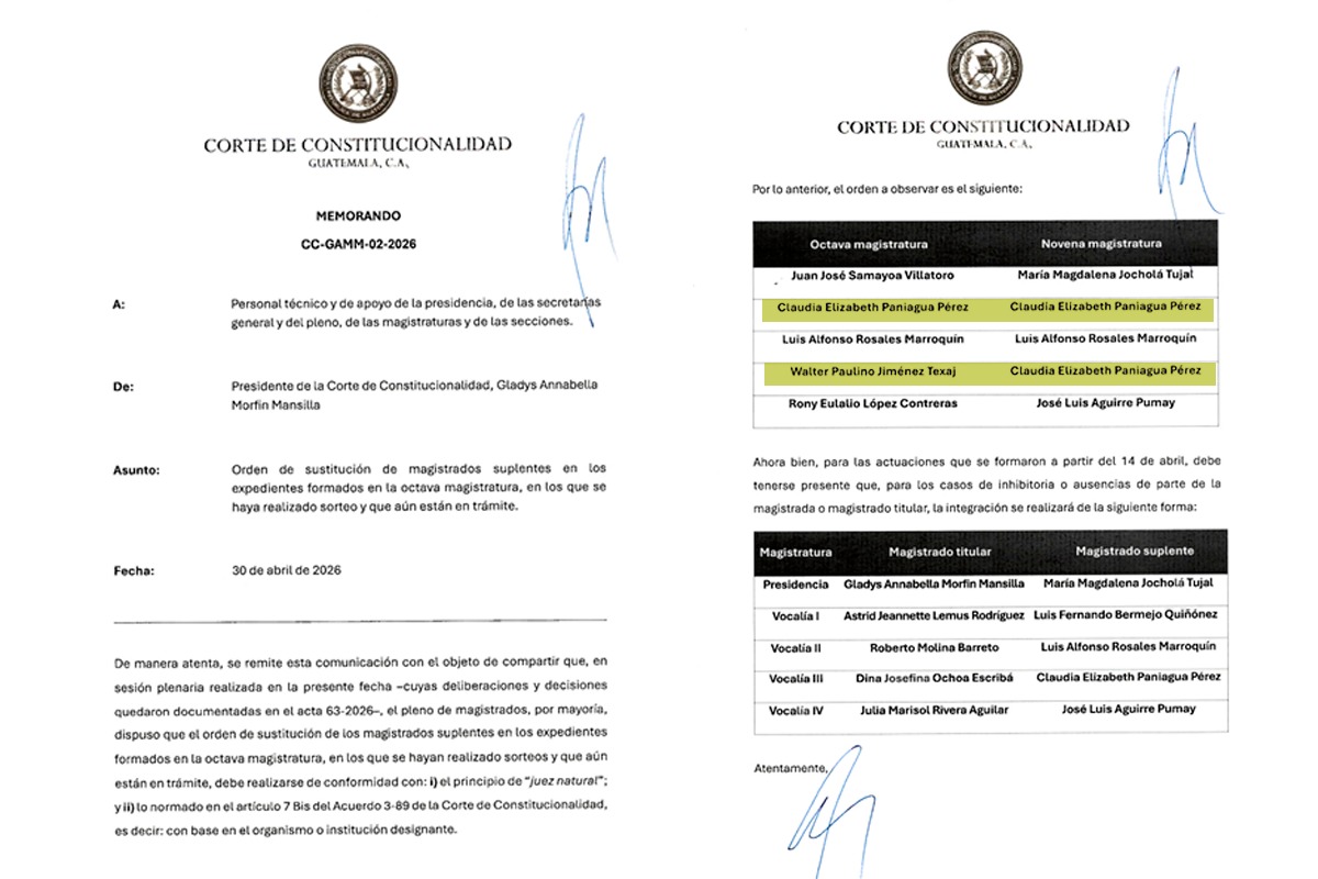 Memorando que se giró en la Corte de Constitucionalidad sobre la repartición de expedientes, en donde fue beneficiada Claudia Paniagua. Foto La Hora: La Hora.
