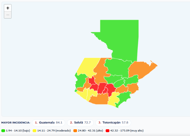 Mapa de registro de casos de sarampión por cada 100 mil habitantes.Foto: MSPAS
