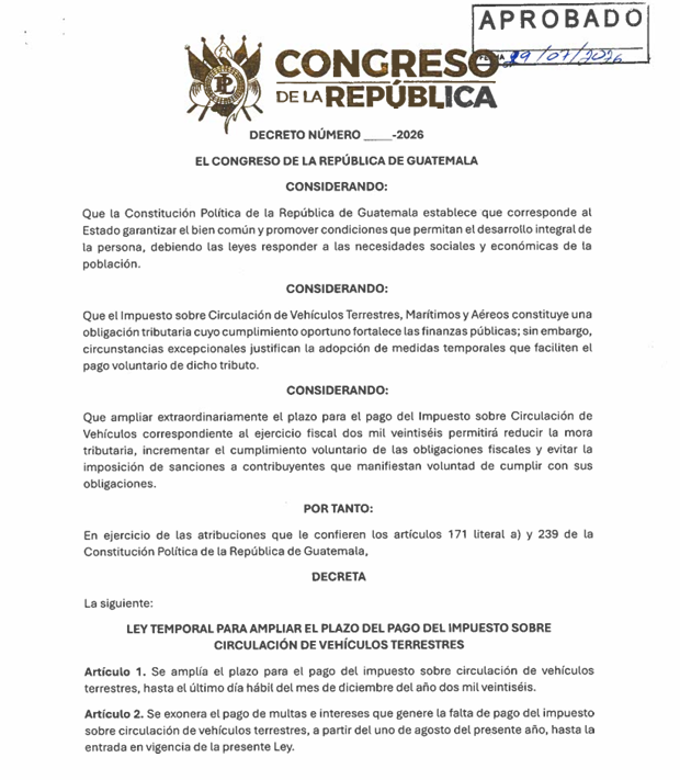 Decreto 19-2026 que contiene el artículo 2 donde indica que se exonera el pago de la multa.