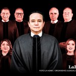 El magistrado Estuardo Cárdenas y, al fondo, los integrantes del bloque mayoritario de la Corte Suprema de Justicia, señalado por el togado de mantener prácticas "antidemocráticas".