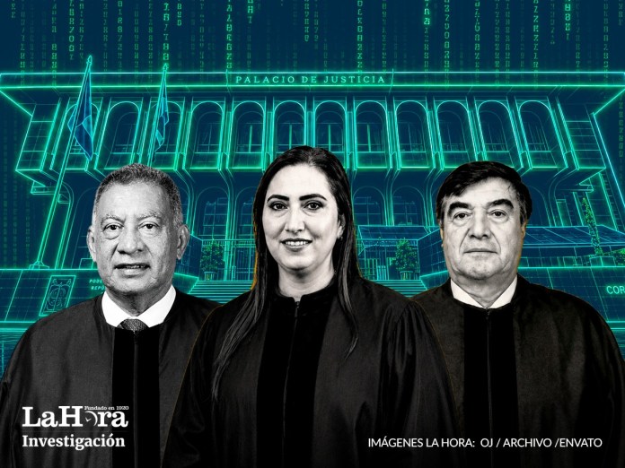 El presidente de la Cámara Penal, Luis Mauricio Corado; la presidenta de la Corte Suprema, Claudia Paredes; y el presidente de la Cámara Civil, Teódulo Cifuentes. Diseño La Hora: Alejandro Ramírez.