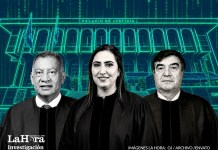 El presidente de la Cámara Penal, Luis Mauricio Corado; la presidenta de la Corte Suprema, Claudia Paredes; y el presidente de la Cámara Civil, Teódulo Cifuentes. Diseño La Hora: Alejandro Ramírez.