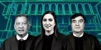 El presidente de la Cámara Penal, Luis Mauricio Corado; la presidenta de la Corte Suprema, Claudia Paredes; y el presidente de la Cámara Civil, Teódulo Cifuentes. Diseño La Hora: Alejandro Ramírez.