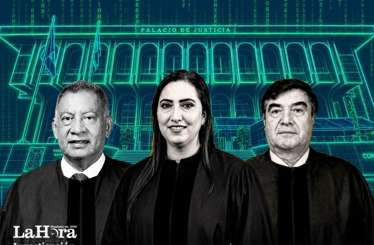 La casación, “el último recurso”, partirá de la inteligencia artificial: la CSJ contrata plataforma y evita entrar en detalles El presidente de la Cámara Penal, Luis Mauricio Corado; la presidenta de la Corte Suprema, Claudia Paredes; y el presidente de la Cámara Civil, Teódulo Cifuentes. Diseño La Hora: Alejandro Ramírez.