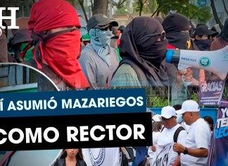 La jornada en la que Walter Mazariegos se impuso nuevamente como rector, pese al finiquito o el fraude. Con manifestación de grupos estudiantiles en contra y aquellos a favor de él. Foto La Hora: José Orozco