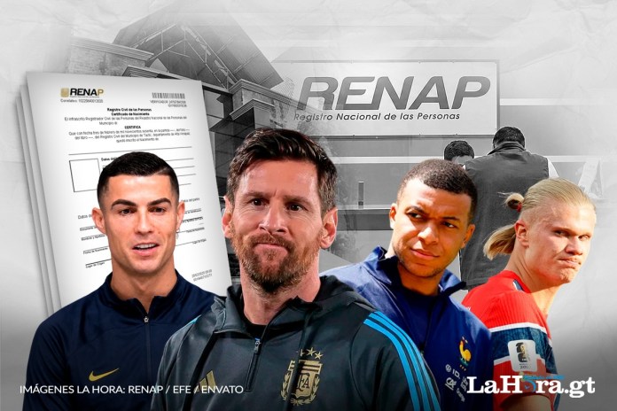 Nombres de futbolistas registrados en el Renap De izquierda a derecha, Cristiano Ronaldo, Lionel Messi, Kylian Mbappé y Erling Haaland, futbolistas cuyos nombres fueron registrados en el Renap. Arte La Hora: Alejandro Ramírez